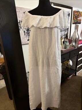 Eberjey White Gauze Off-Shoulder Ruffle Midi Dress